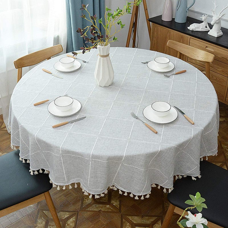 Dimatic Heavy Weight Cotton Linen Tablecloth, Plaid Tassel Round Table Cover for Kitchen Dining Room Tabletop Decorations, Round - 63", Grey - Image 3